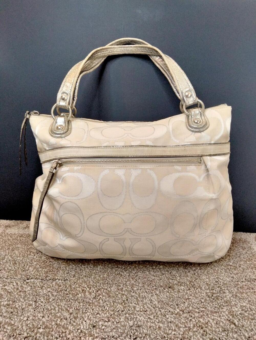 Coach Poppy Metallic Tote White - Signature Sateen Glam - 18979